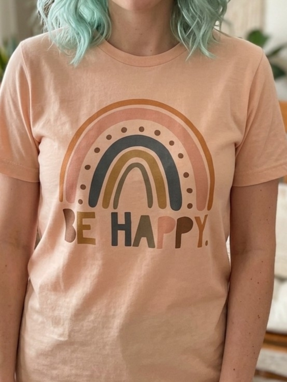 NWT "Be Happy" Peach Rainbow Graphic Tee